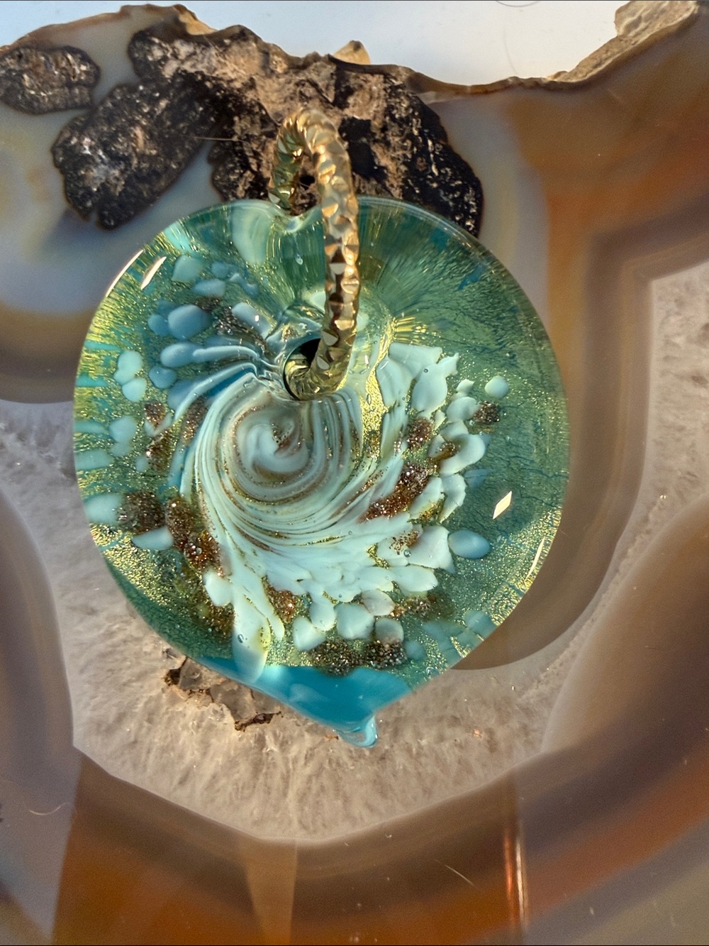 Murano Blue Glass Pendant with Gold Bail shimmers! New Bauer pendant